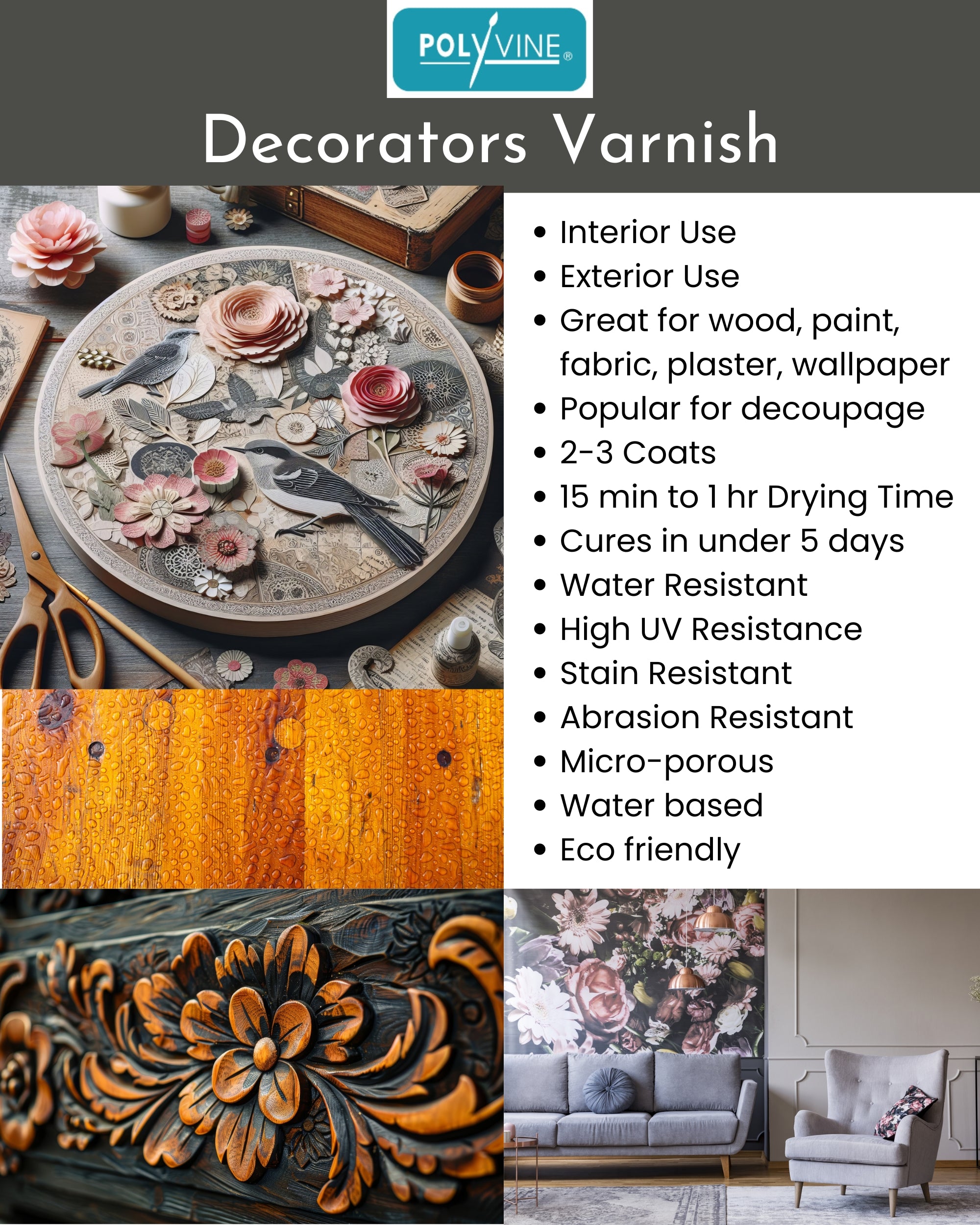 a page slick stating details of Polyvine Decorators varnish with decoupaged round with birds and flowers and clay molds