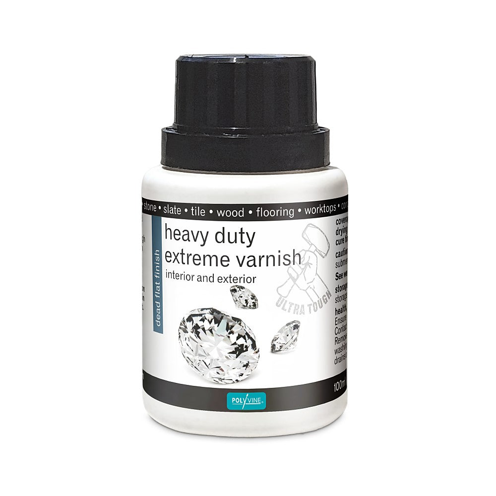 Jar of Polyvine heavy-duty-extreme-varnish-dead-flat-finish-100ml White jar with gold diamonds image and black lid top