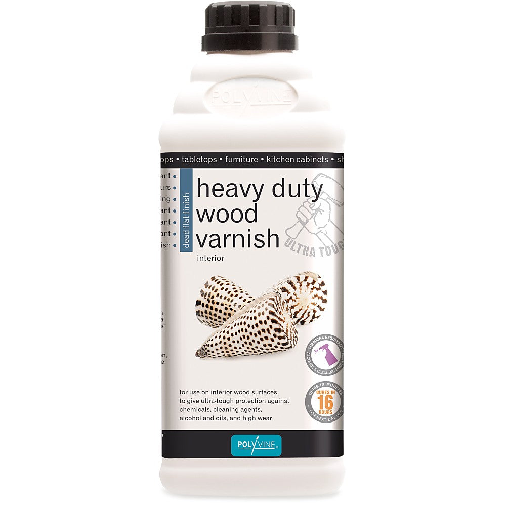 Jar of Polyvine heavy-duty-wood-varnish-dead-flat-1-litre. White jar with brown spec seashells image and black lid top.