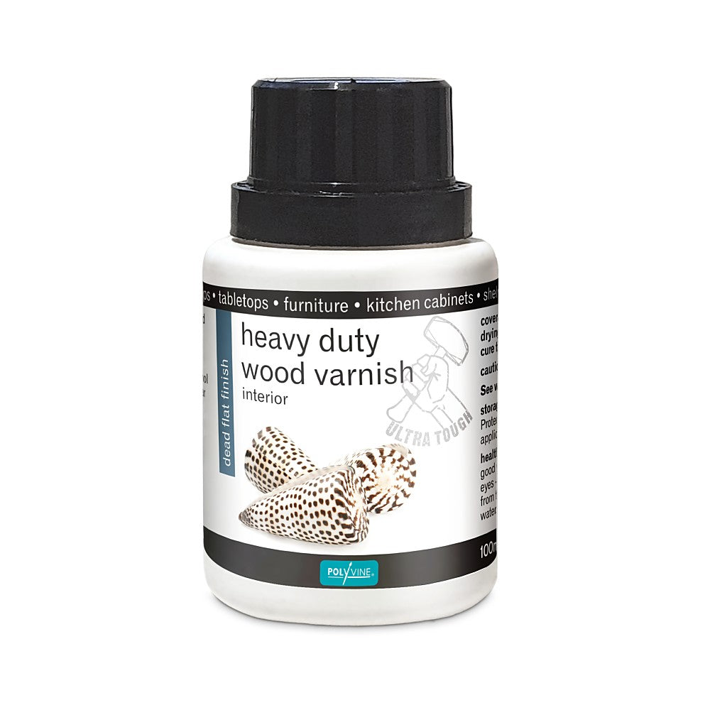 Polyvine heavy-duty-wood-varnish-dead-flat-100ml White jar with brown spec seashells image and black lid top.