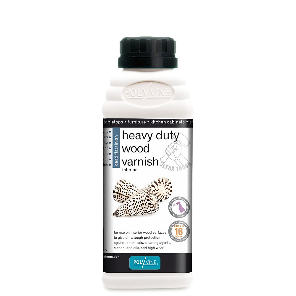 Polyvine heavy-duty-wood-varnish-dead-flat-500ml. White jar with brown spec seashells image and black lid top.