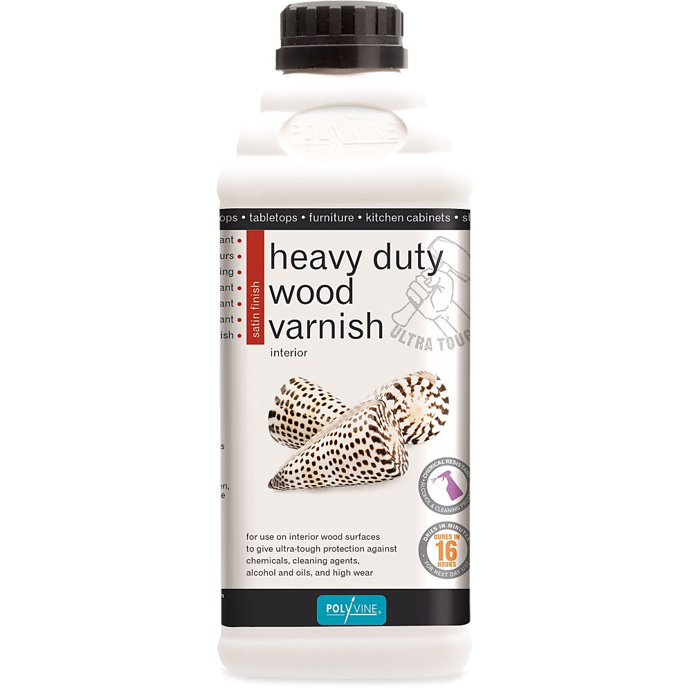 Polyvine heavy-duty-wood-varnish-satin-1-litre. White jar with brown spec seashells image and black lid top.