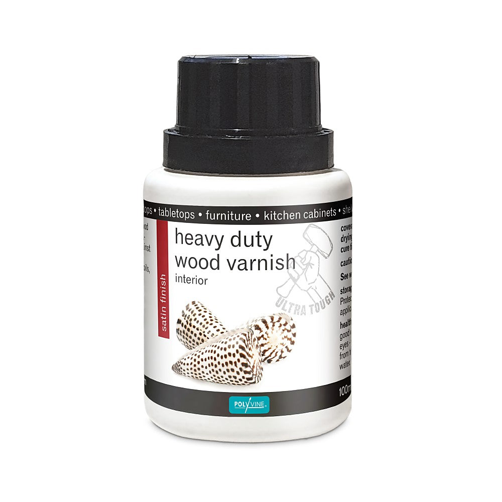 Polyvine heavy-duty-wood-varnish-satin-100ml. White jar with brown spec seashells image and black lid top.