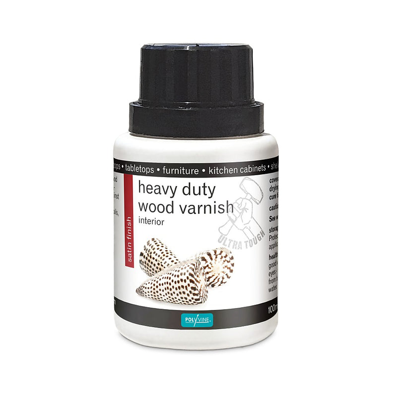 Polyvine heavy-duty-wood-varnish-satin-100ml. White jar with brown spec seashells image and black lid top.