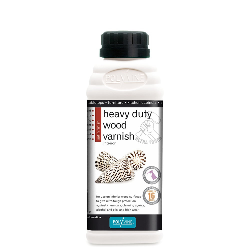 Polyvine heavy-duty-wood-varnish-satin-500ml. White jar with brown spec seashells image and black lid top.