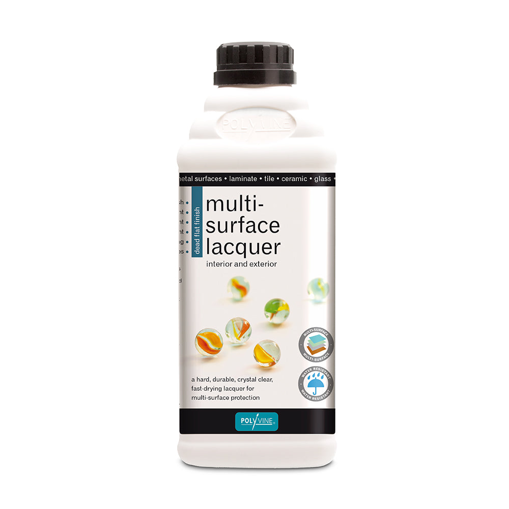White bottle of Polyvine Multi-surface Lacquer Dead Flat 500ml with white and black label featuring marbles. Bottle has black lid.