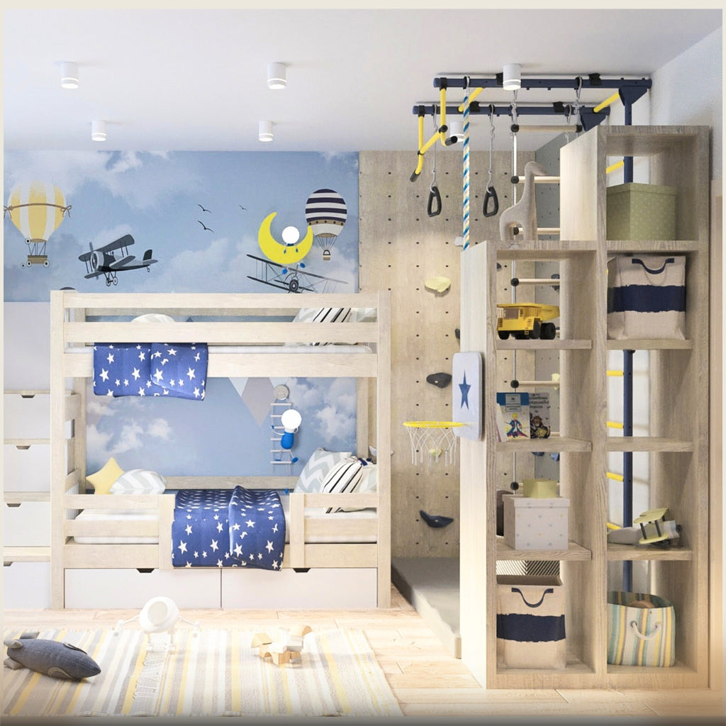 Childrens room with blue wallpaper with airplanes and white wood bunk bed and shelving.