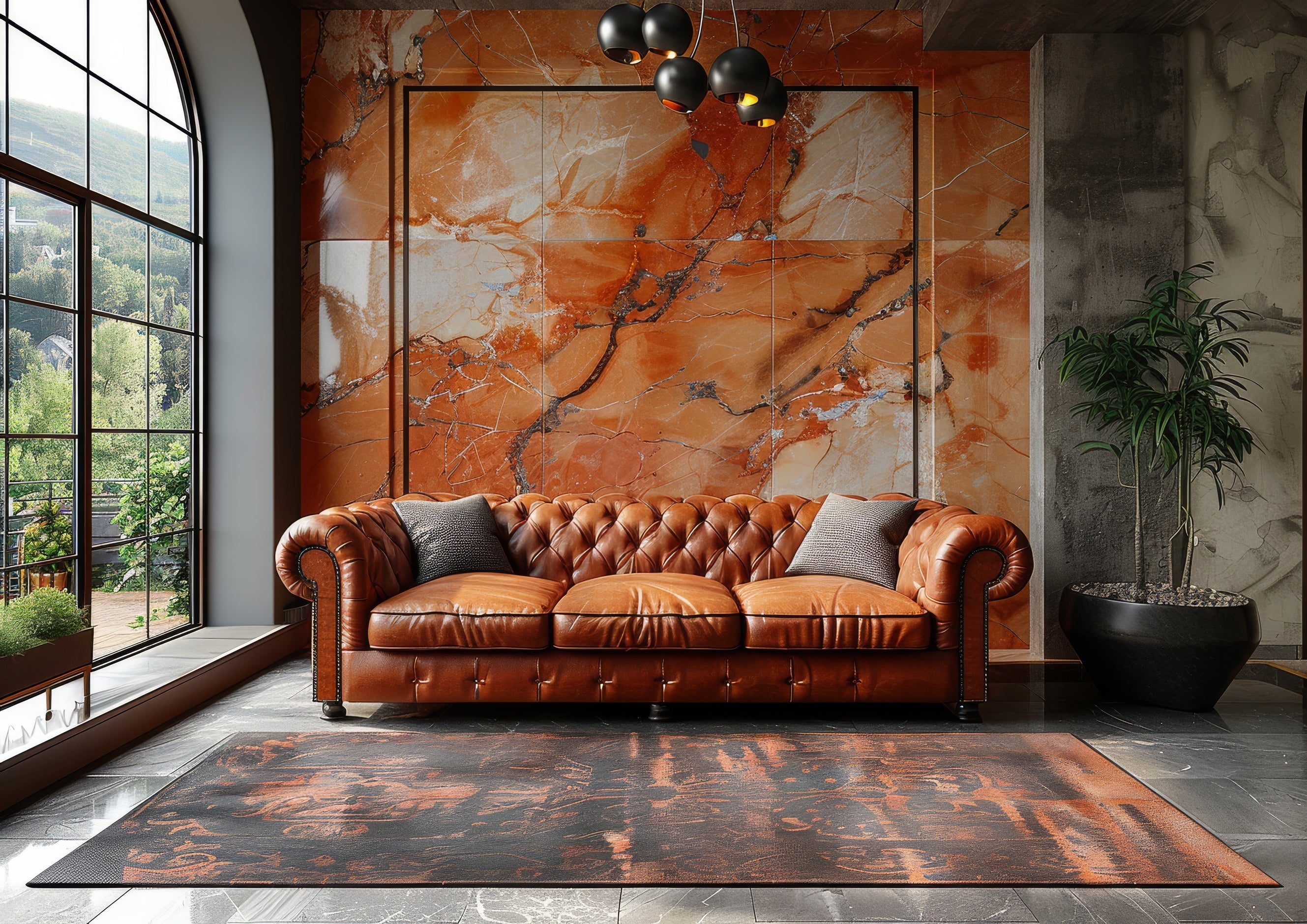 Orange leather couch with Orange fall mural coated with Polyvine Decorators Varnish