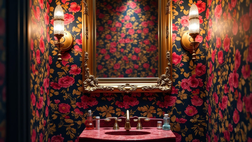 Red and black floral wallpaper in bathroom featuring Polyvine decorators varnish