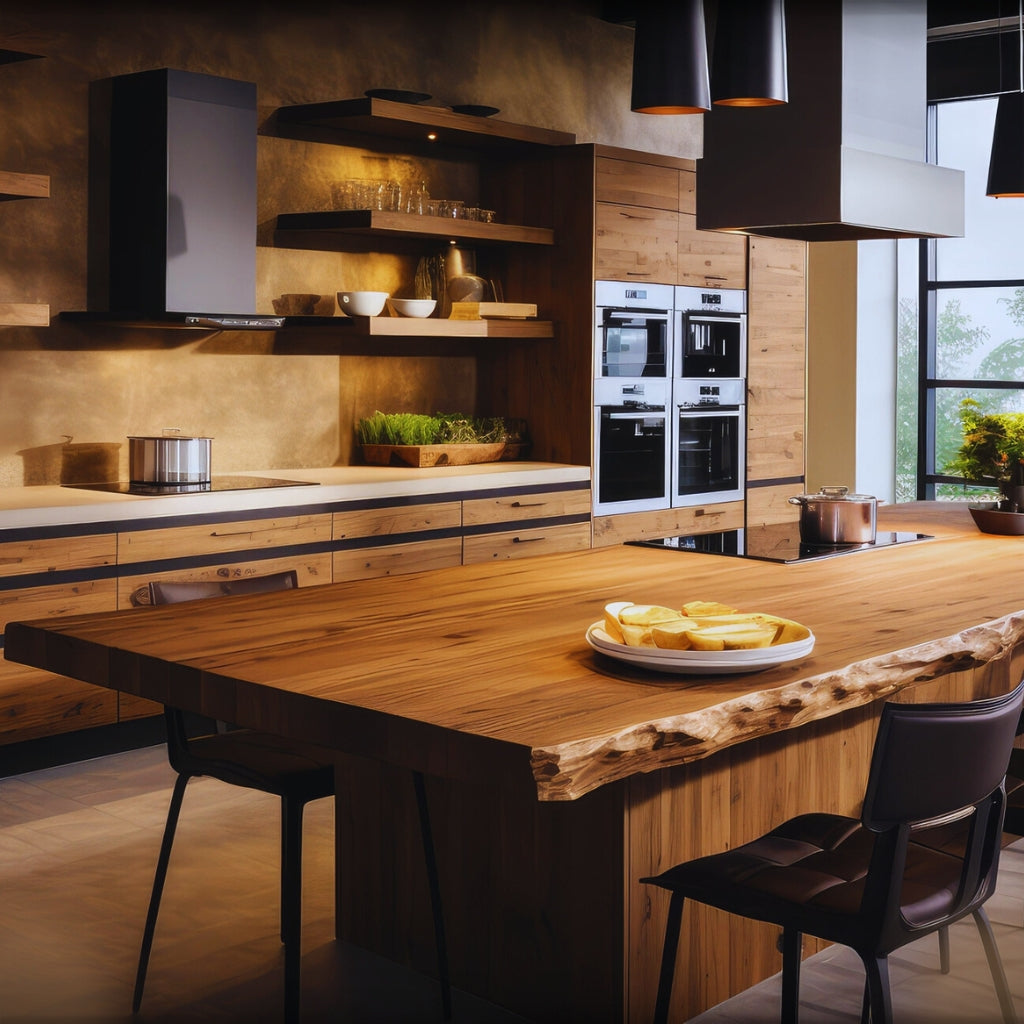 Image of all wood kitchen with wood table, chairs, countertops and shelving. Silver appliances.