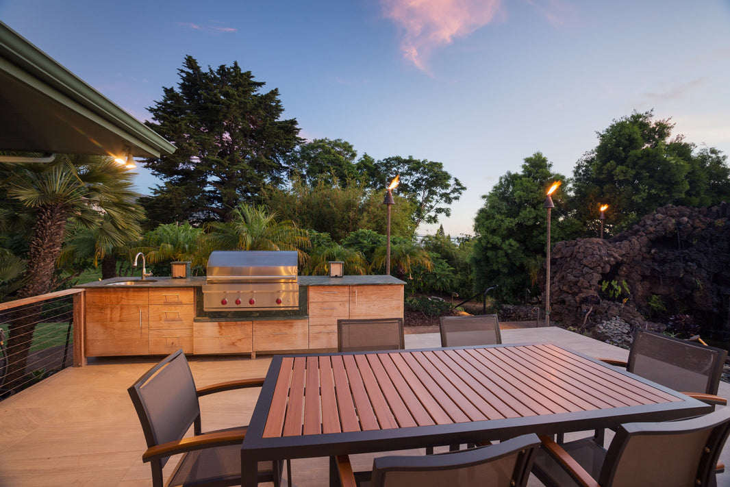 Outdoor kitchen and wood table with Polyvine Heavy Duty Extreme coating.