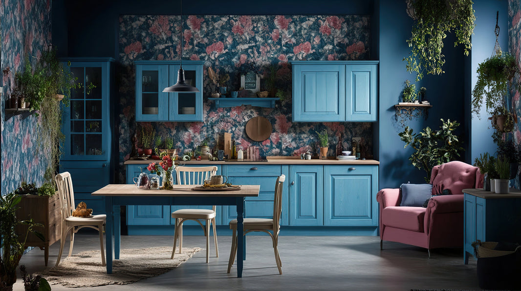 Pink floral wallpaper in kitchen with teal cabinetry featuring Polyvine decorators varnish