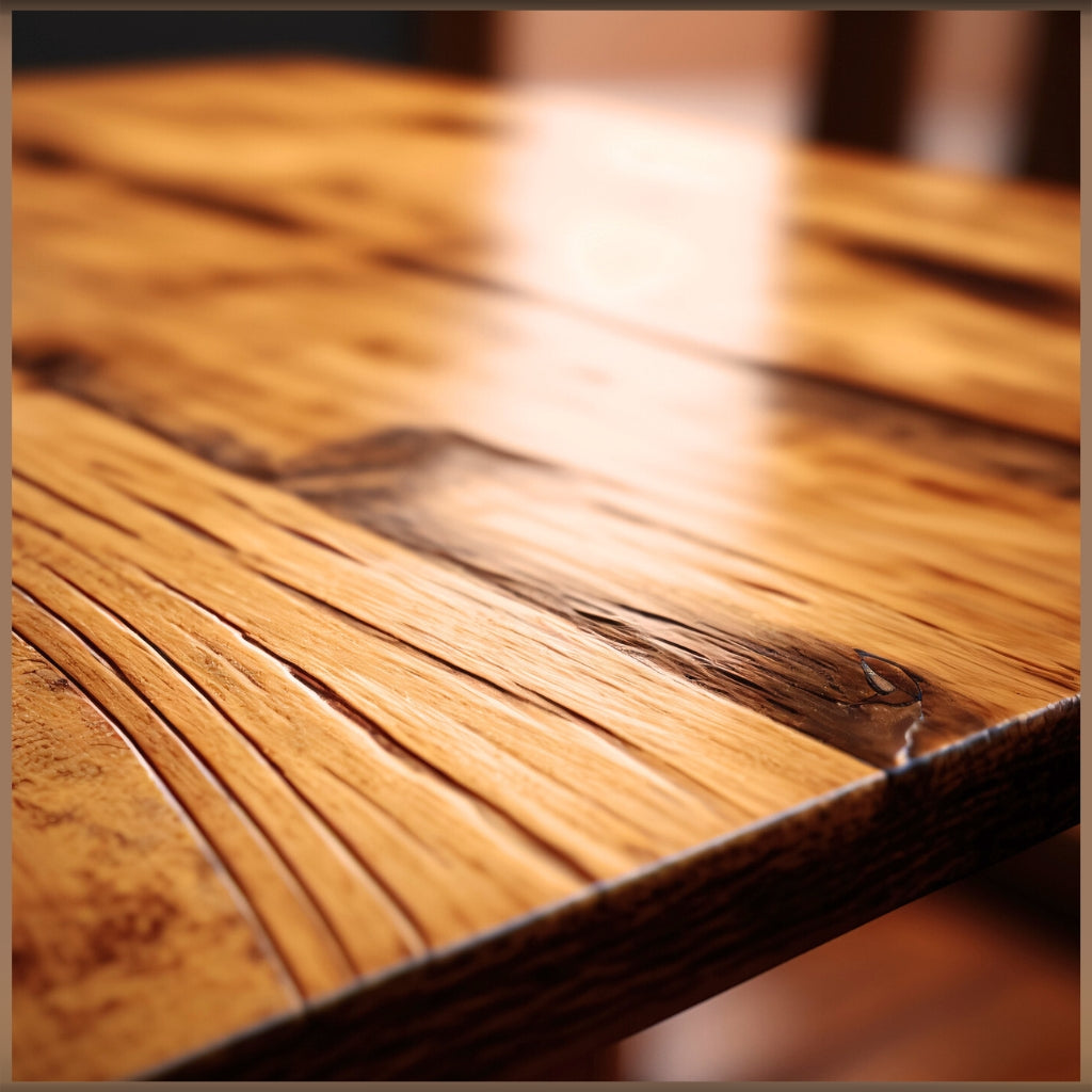 Brown wood table with a high gloss varnish sheen.