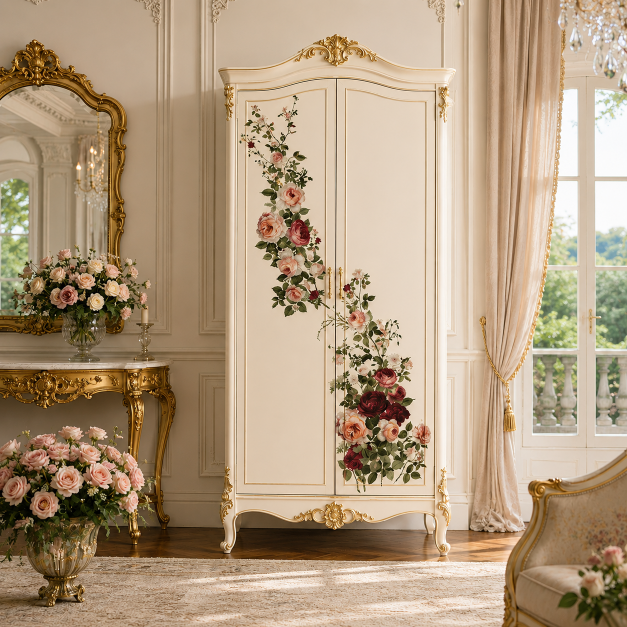 Elegant ivory armoire with rose floral decoupage in a regal cream-and-gold room, styled with a gilded table, ornate mirror, and pink flower arrangements.