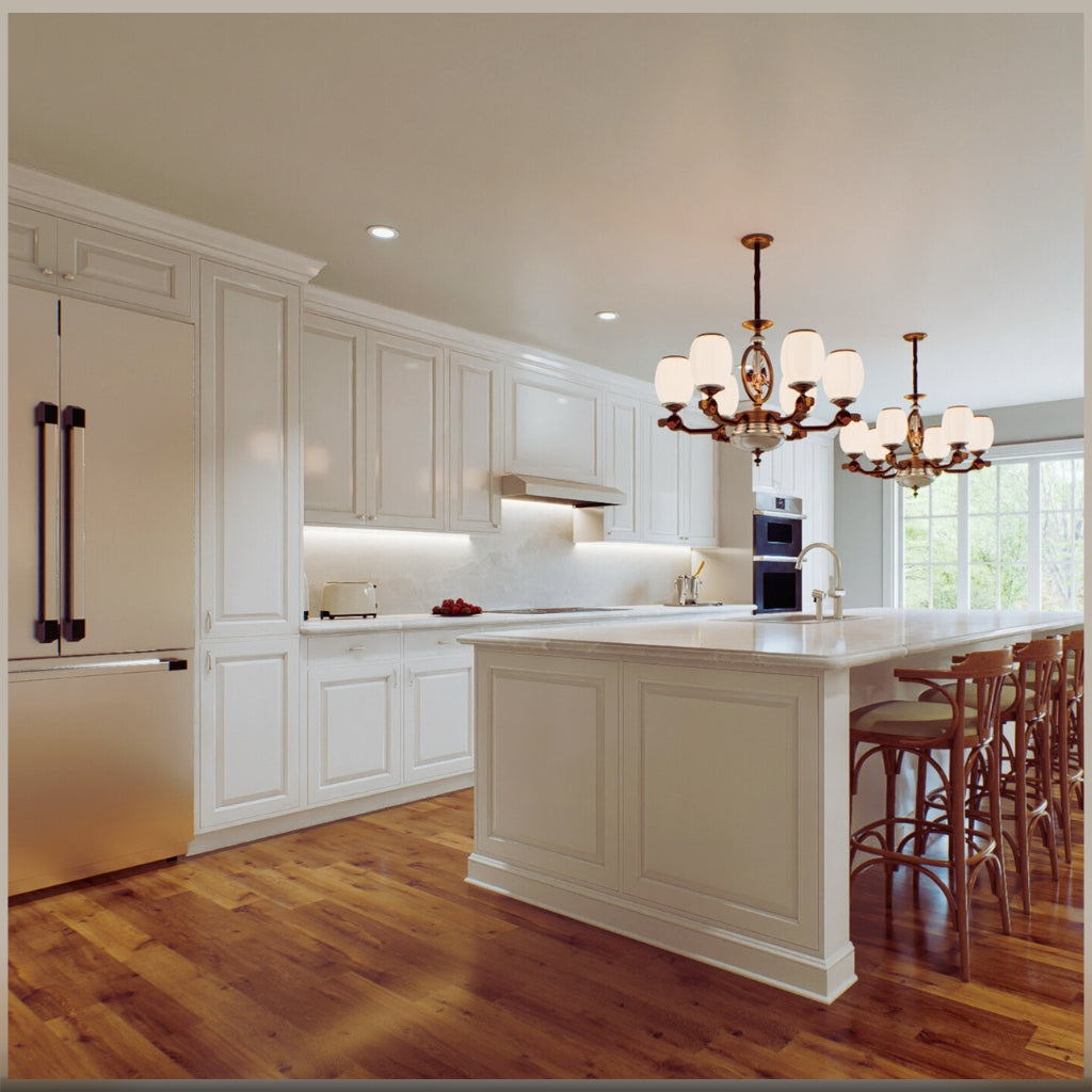 Image of white modern kitchen with many wood surfaces and white cabinets and silver appliances