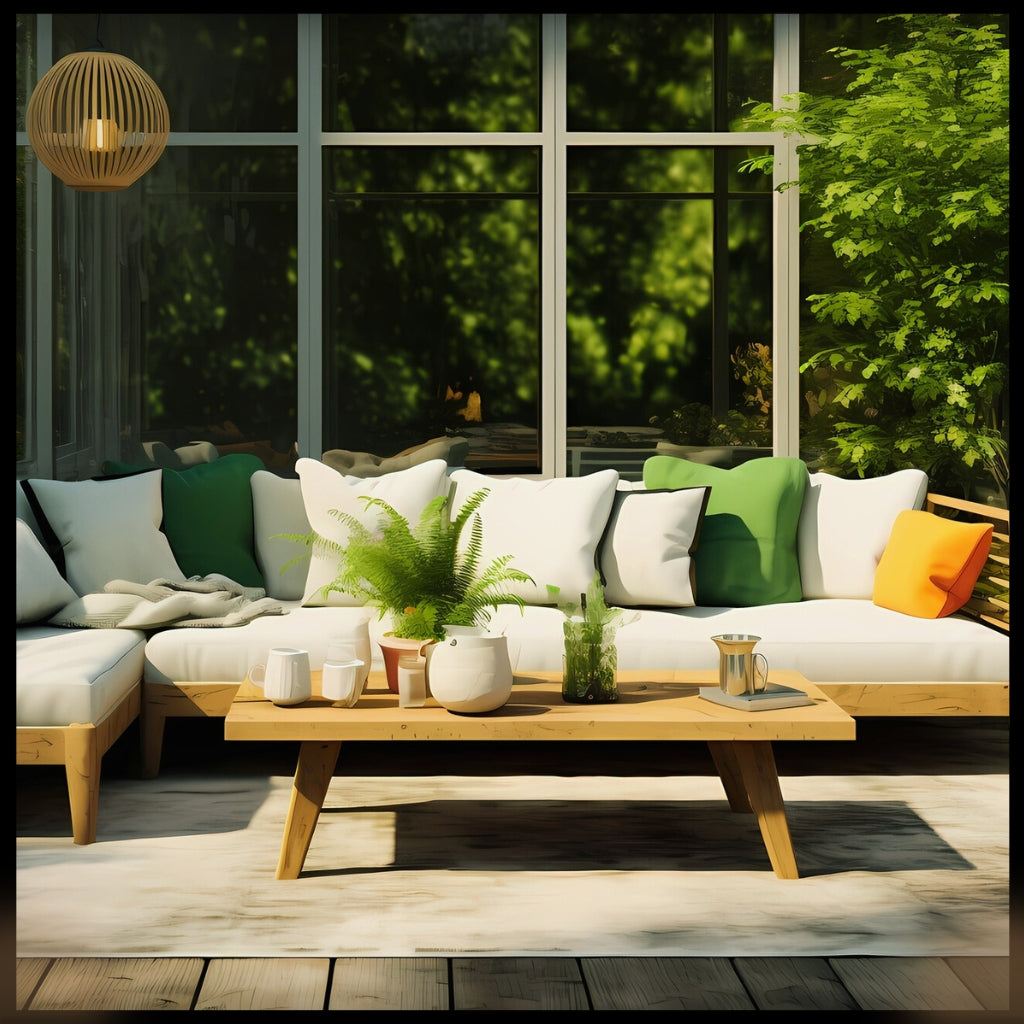 Image of white outdoor patio furniture with wood trim. Greenery behind the furniture