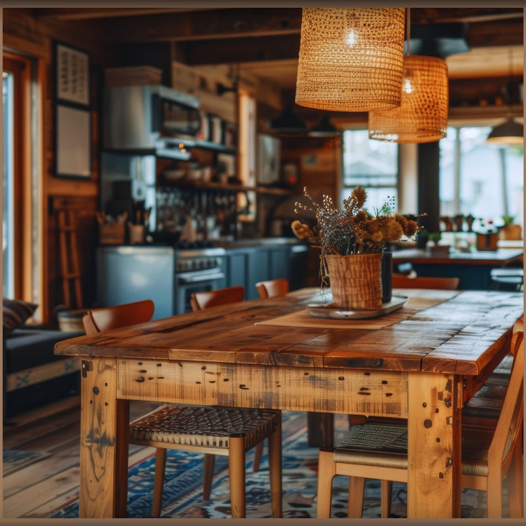 Image of glossy varnish on rustic brown wood table in cozy cottage setting