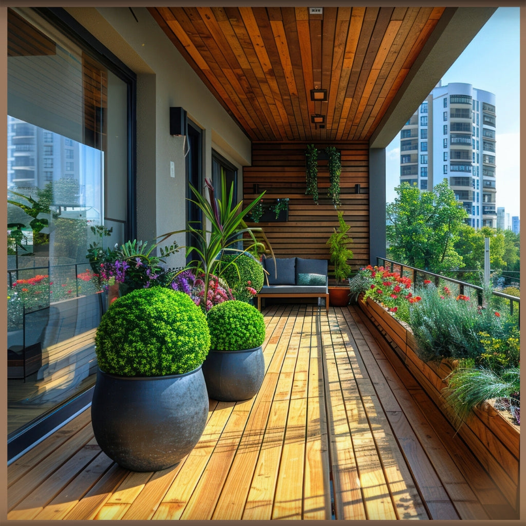 Image of modern wood balcony in city setting with greenery, bushes, red flowers,  wood flooring and wood ceiling overhang.