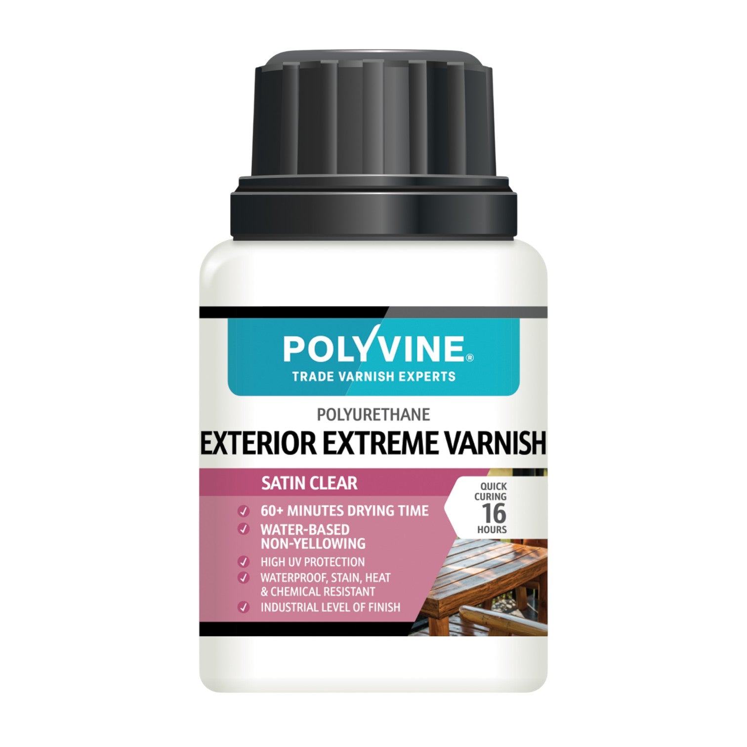 Polyvine exterior extreme varnish bottle on a white background
