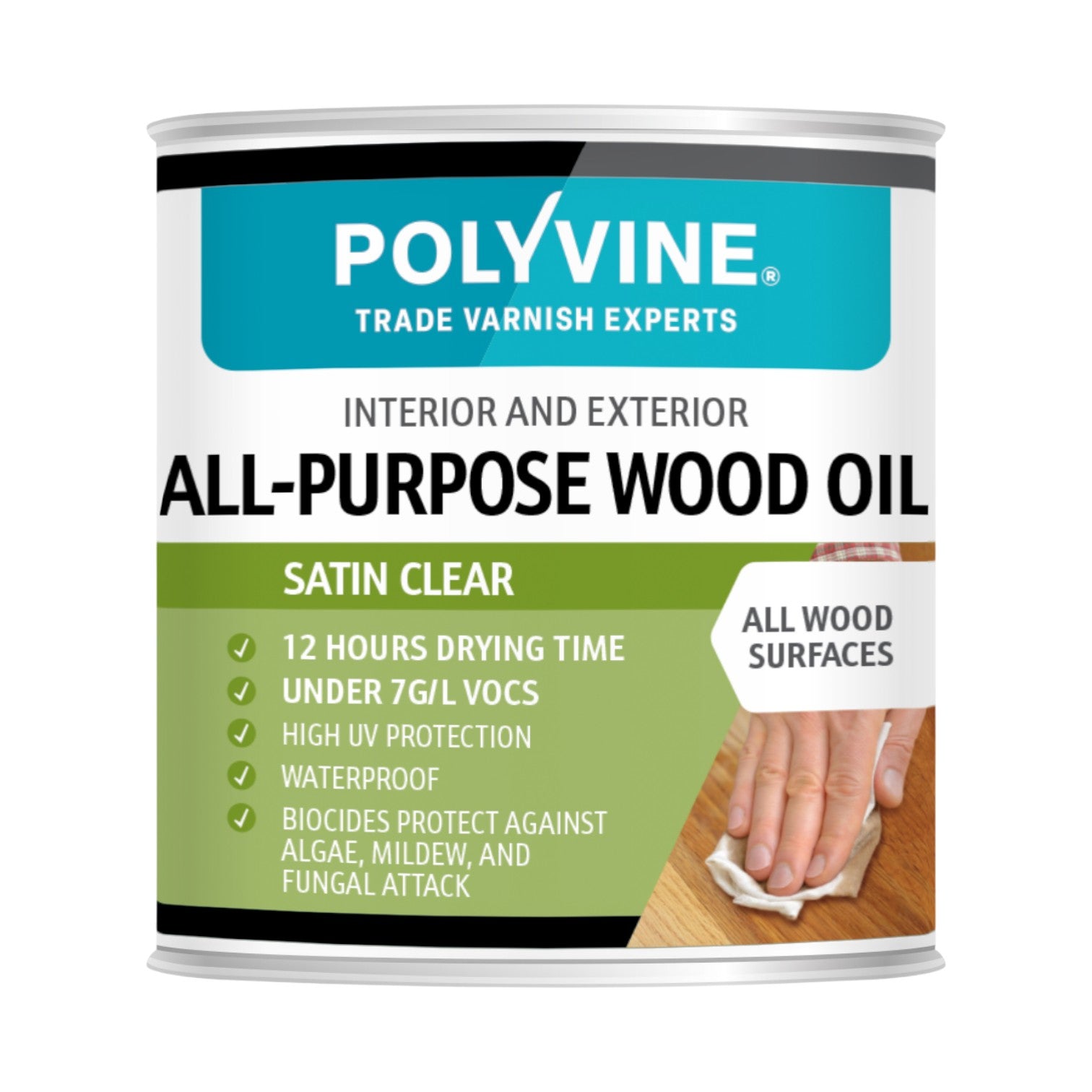 Can of Polyvine all-purpose wood oil with label on a white background