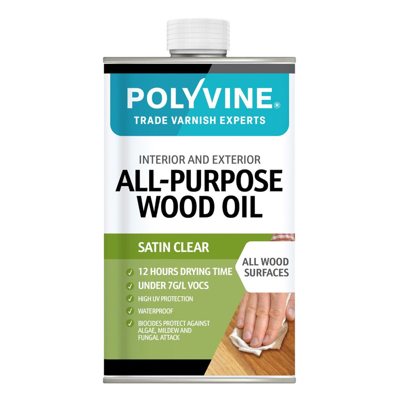 Polyvine all-purpose wood oil container on a white background