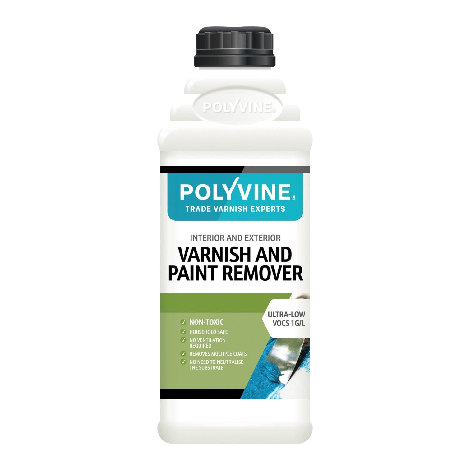 Polyvine varnish and paint remover bottle on a white background