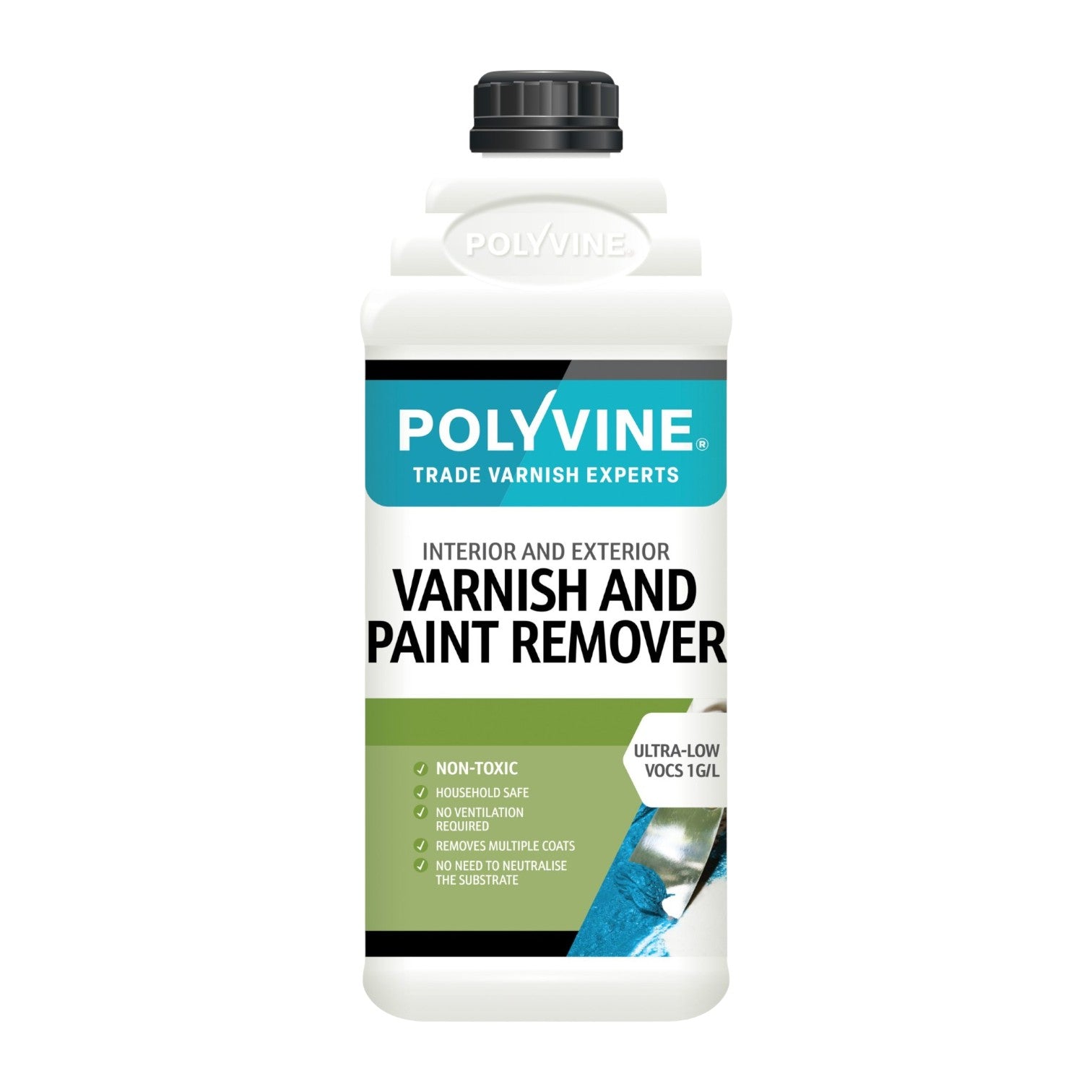 Polyvine varnish and paint remover bottle on a white background
