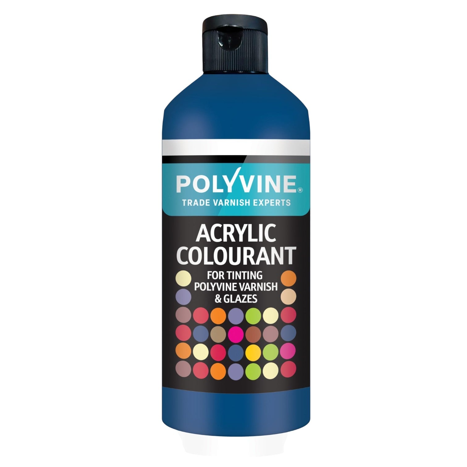 Polyvine acrylic colourant bottle with color swatches on a white background