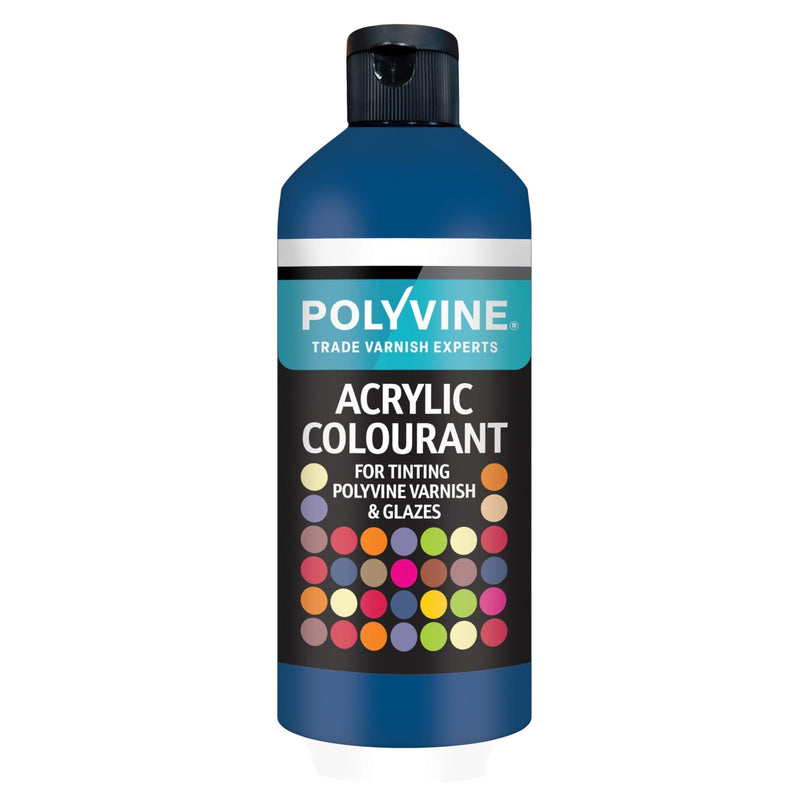 Polyvine acrylic colourant bottle with color swatches on a white background