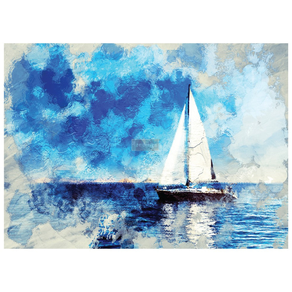 Sailboat on water with blue and white abstract background