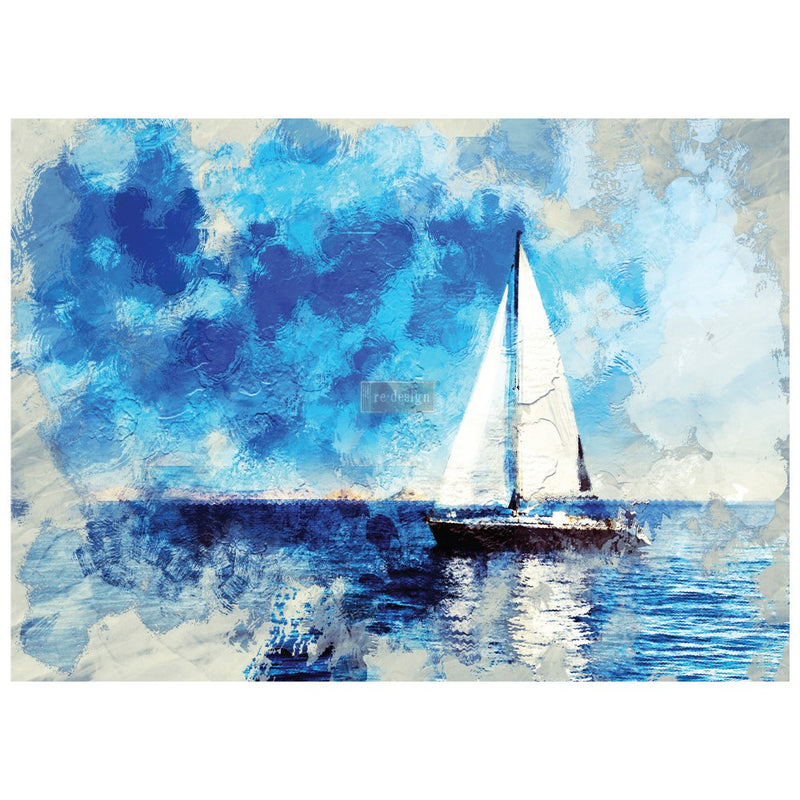 Sailboat on water with blue and white abstract background