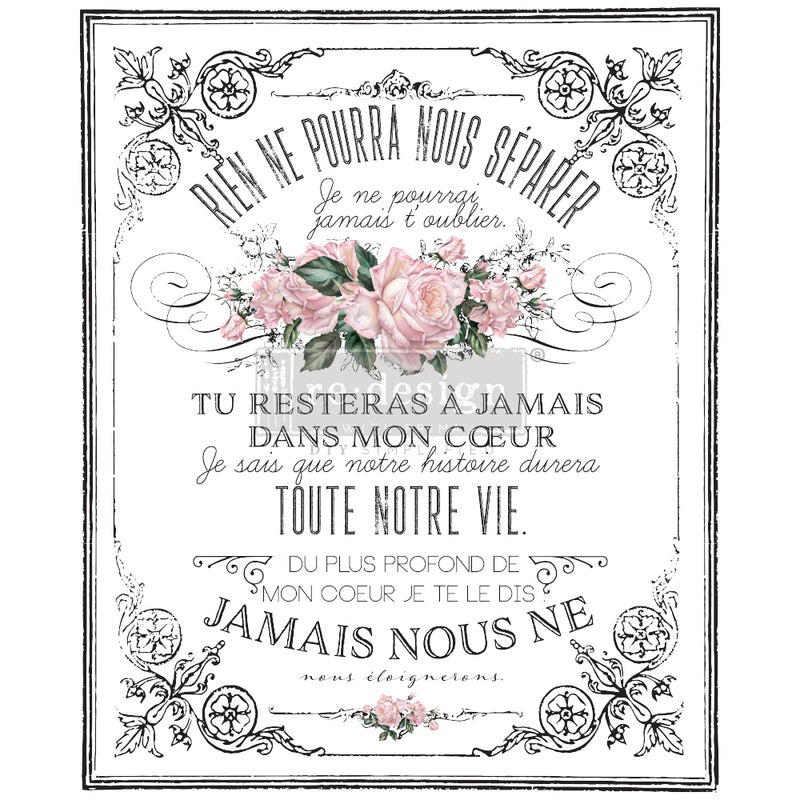 Decorative print with floral elements and romantic text on a white background