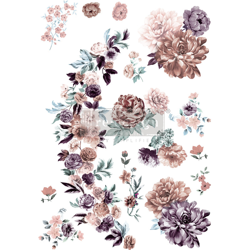Floral design with various flowers on a white background