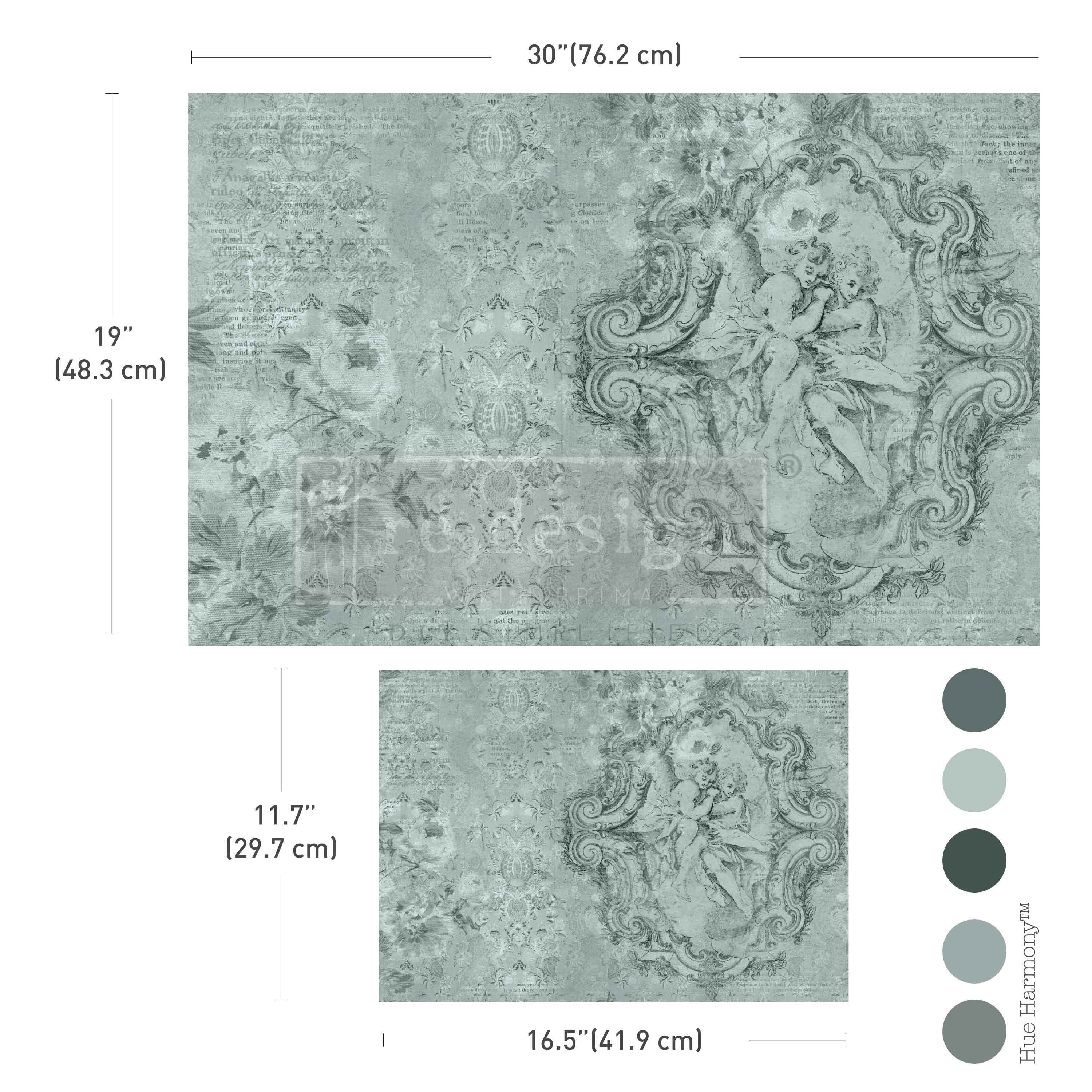Two vintage-style green-gray designs with cherub and floral patterns.