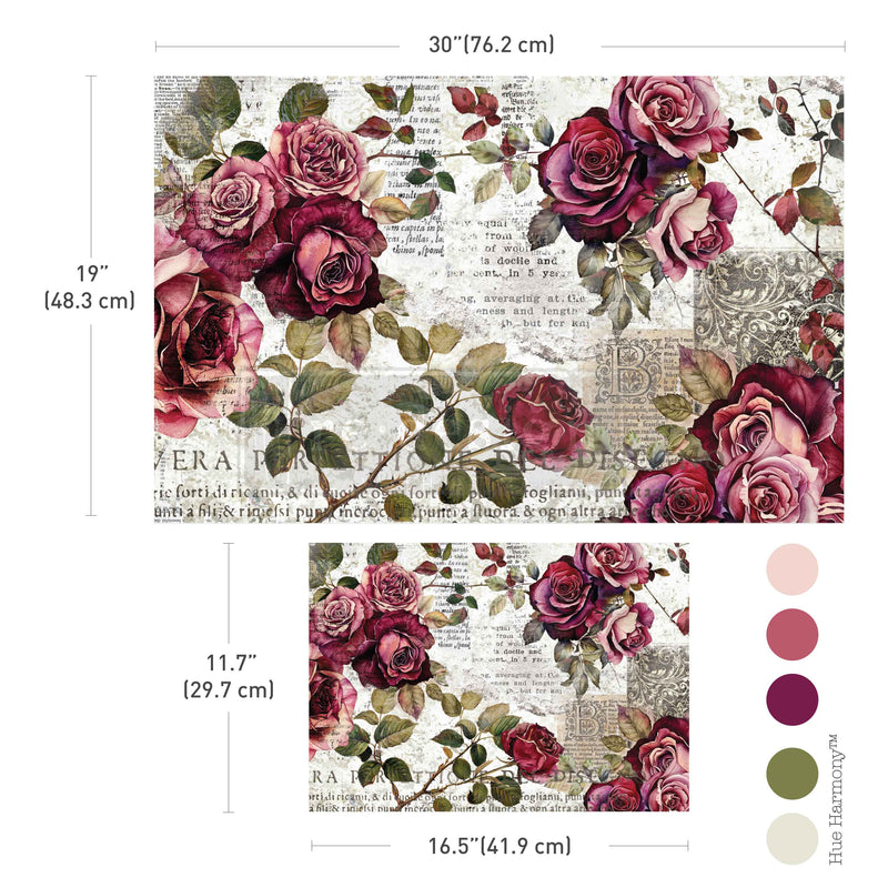 Vintage-style art with roses and aged text background