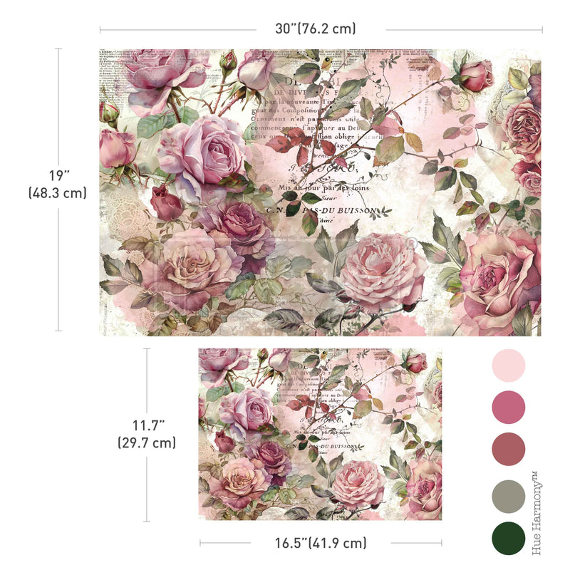 Floral patterns with pink and red roses on an antique-style background.