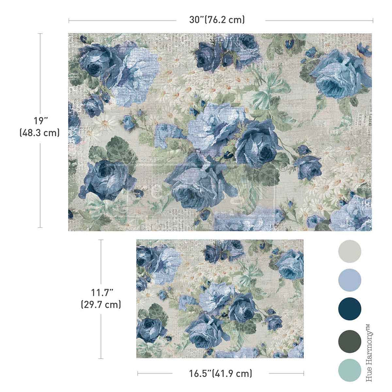 Floral patterned design with measurements and color swatches.