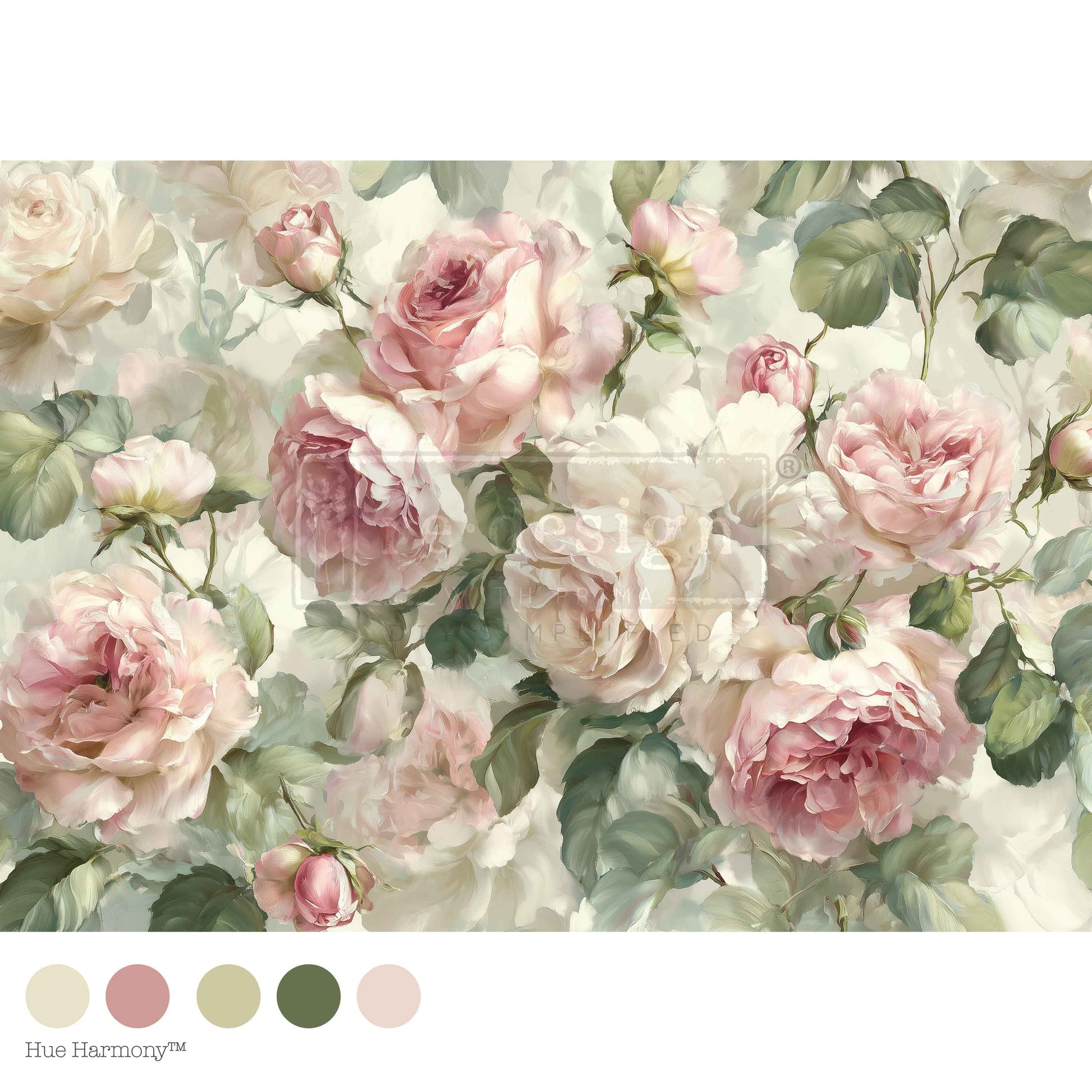 Pink and cream roses with green leaves on a soft background.