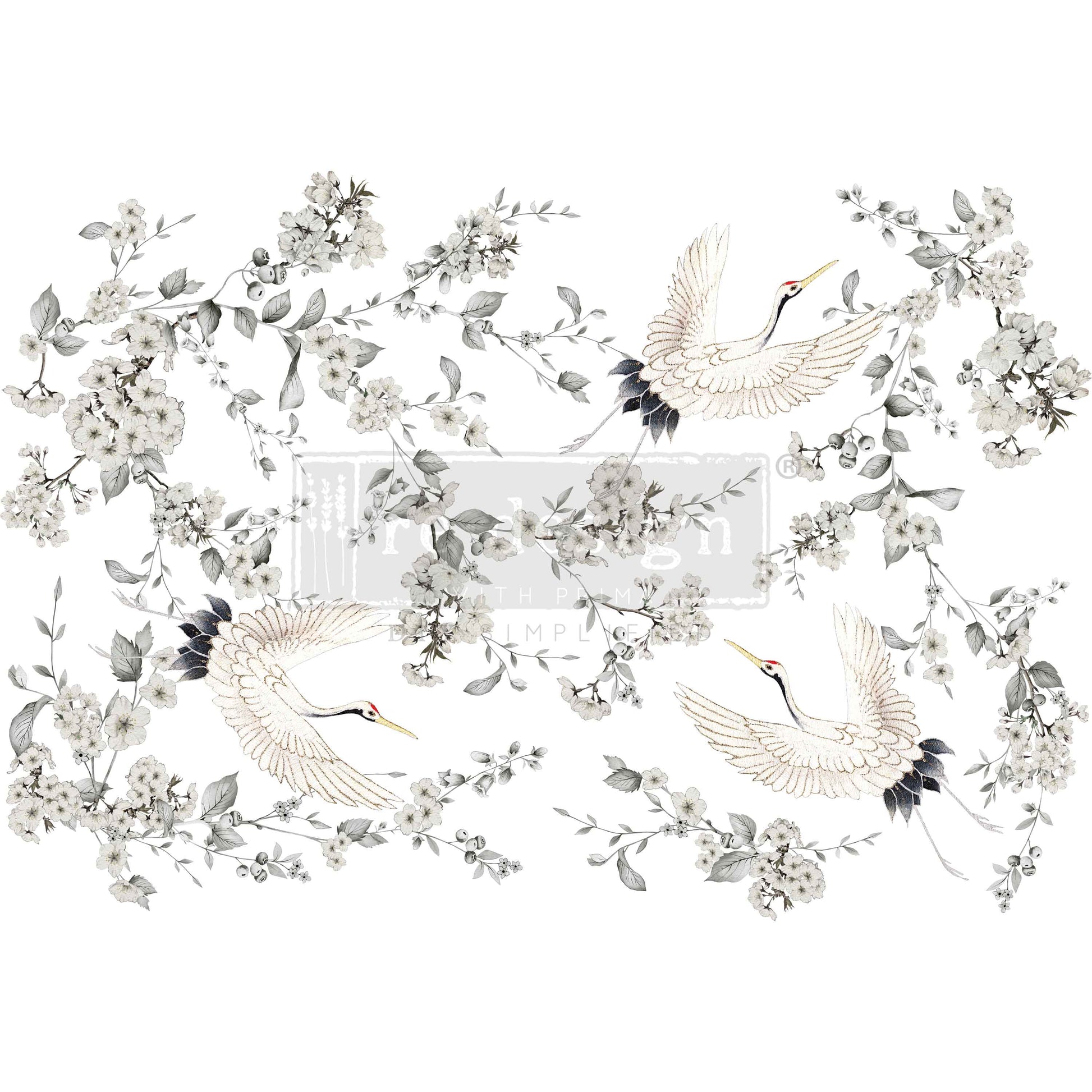 An elegant pattern of white cranes in flight amidst delicate light gray floral branches.