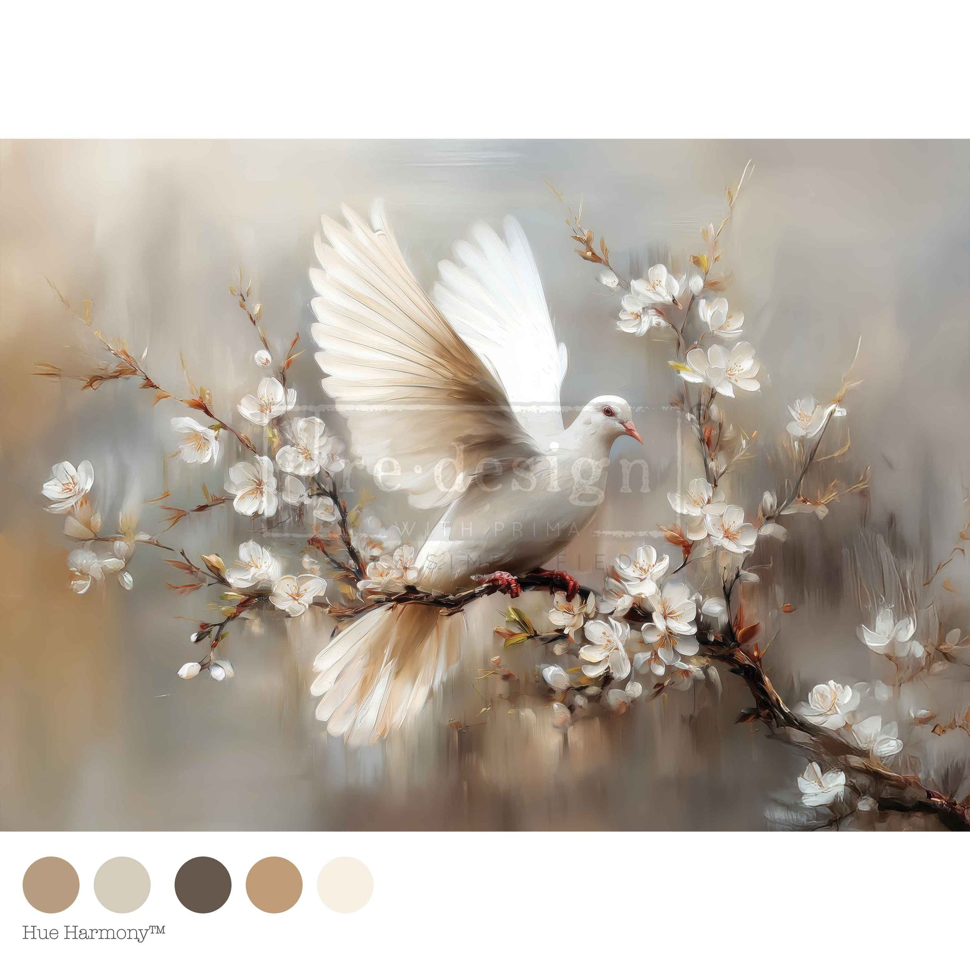 White dove with spread wings perched on a blooming branch with white flowers.