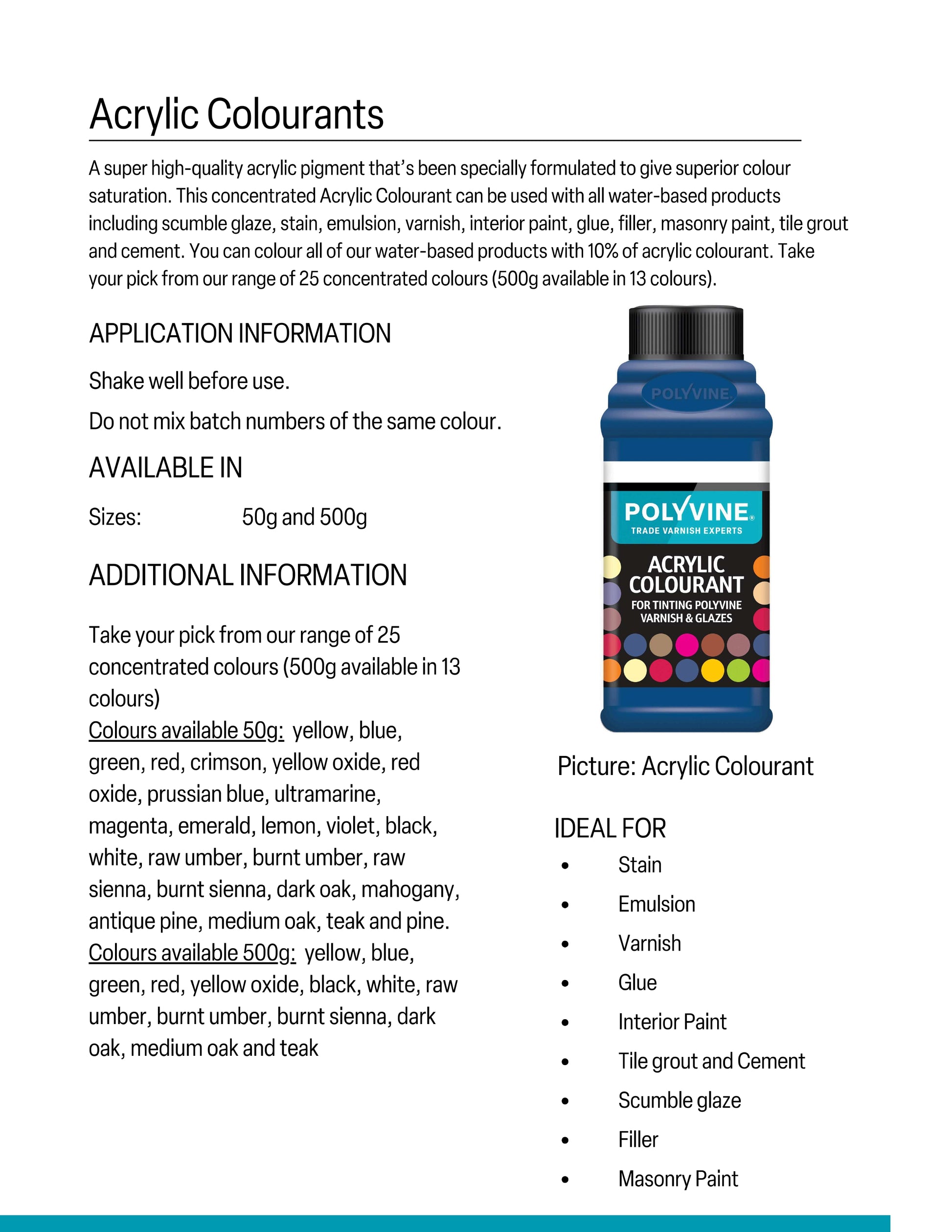 Polyvine acrylic colourant packaging with application information on a white background