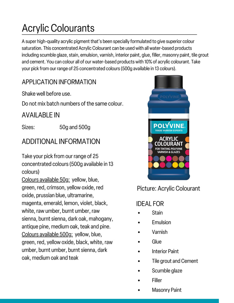 Polyvine acrylic colourant packaging with application information on a white background