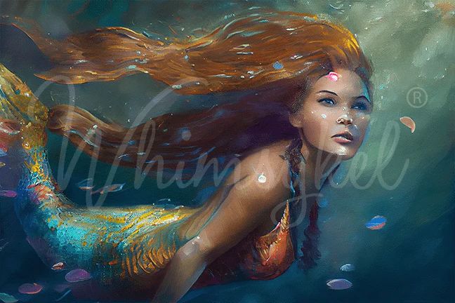 A serene underwater scene featuring a mermaid with long, flowing hair and a shimmering gold and blue tail, swimming gracefully among soft lighting and colorful aquatic elements