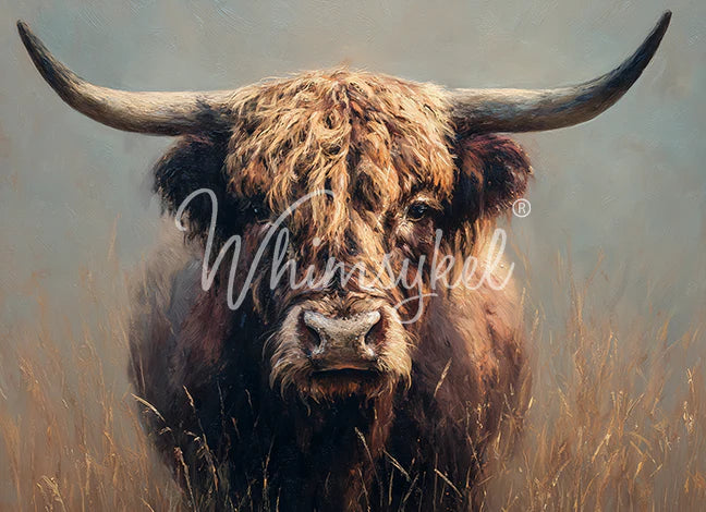 Painting of a bull with large horns in a field, featuring the brand 'Whimsykel'.