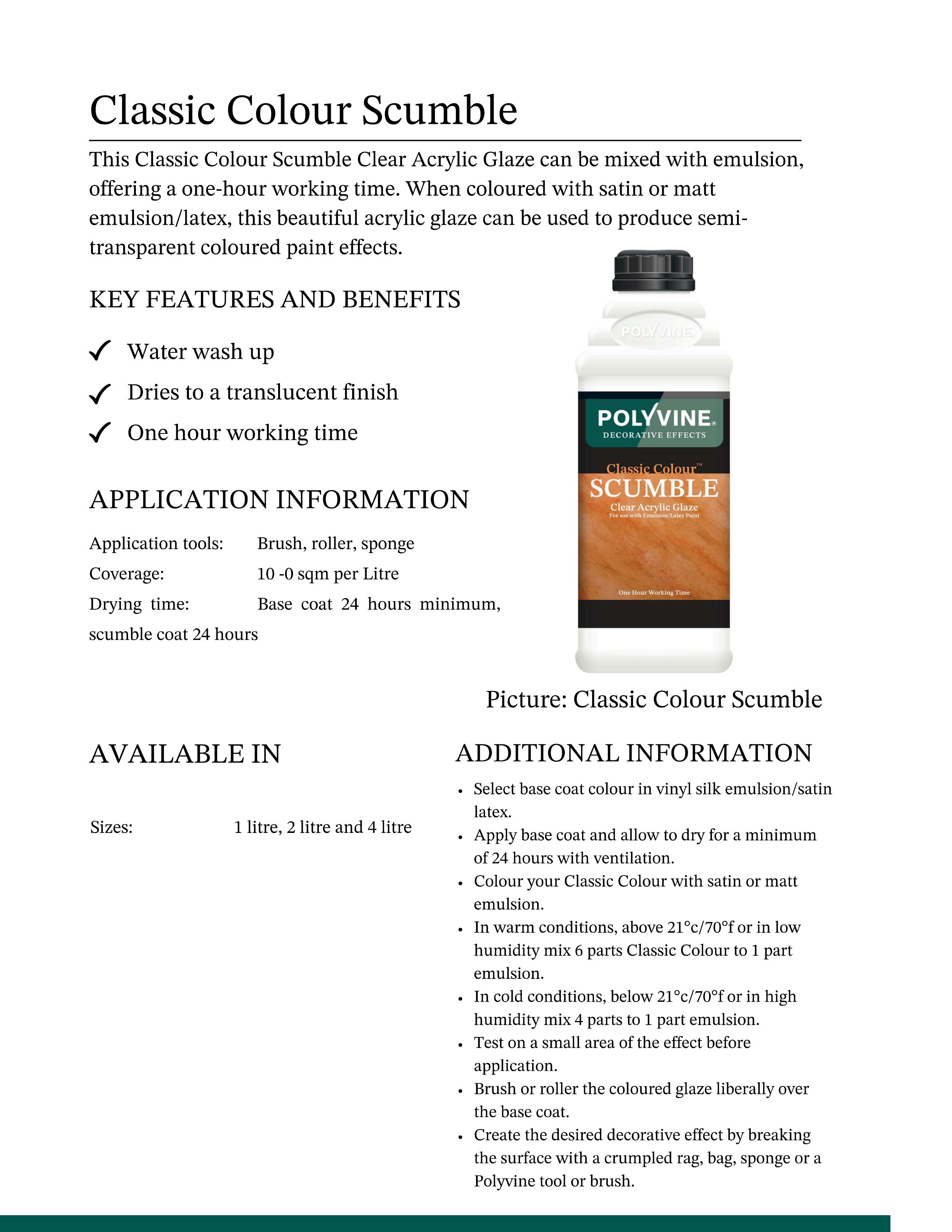 Product information sheet for Polyvine Classic Colour Scumble acrylic glaze with a bottle image.