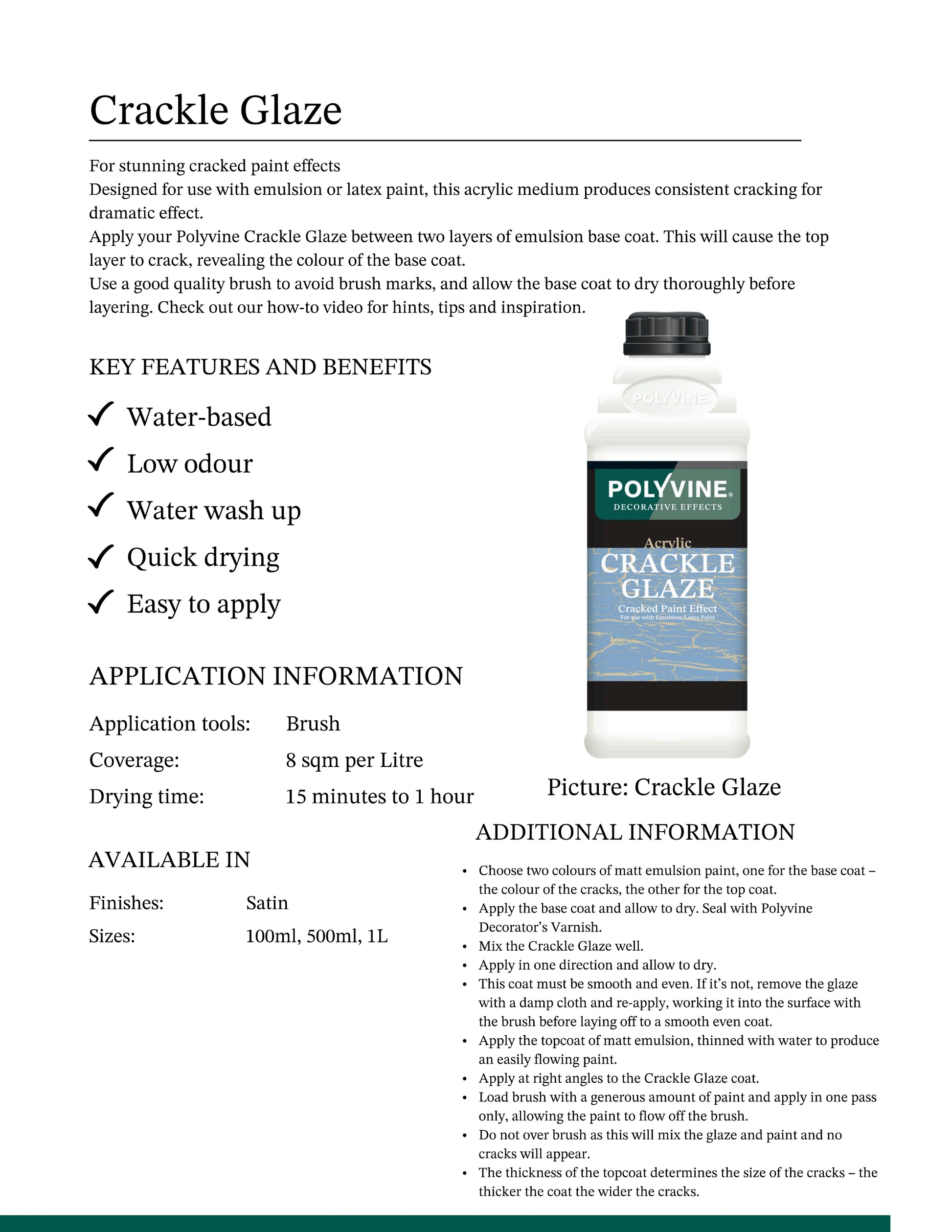 Product information sheet for Polyvine Crackle Glaze with a bottle image on a white background.