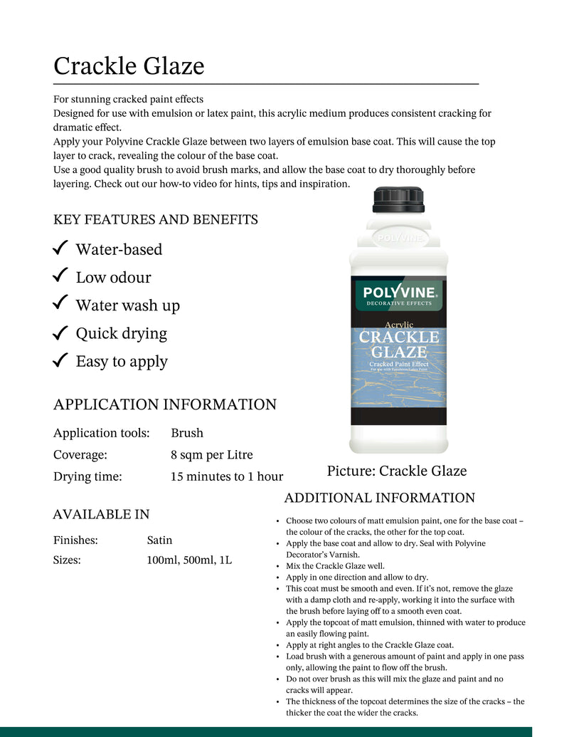 Product information sheet for Polyvine Crackle Glaze with a bottle image on a white background.