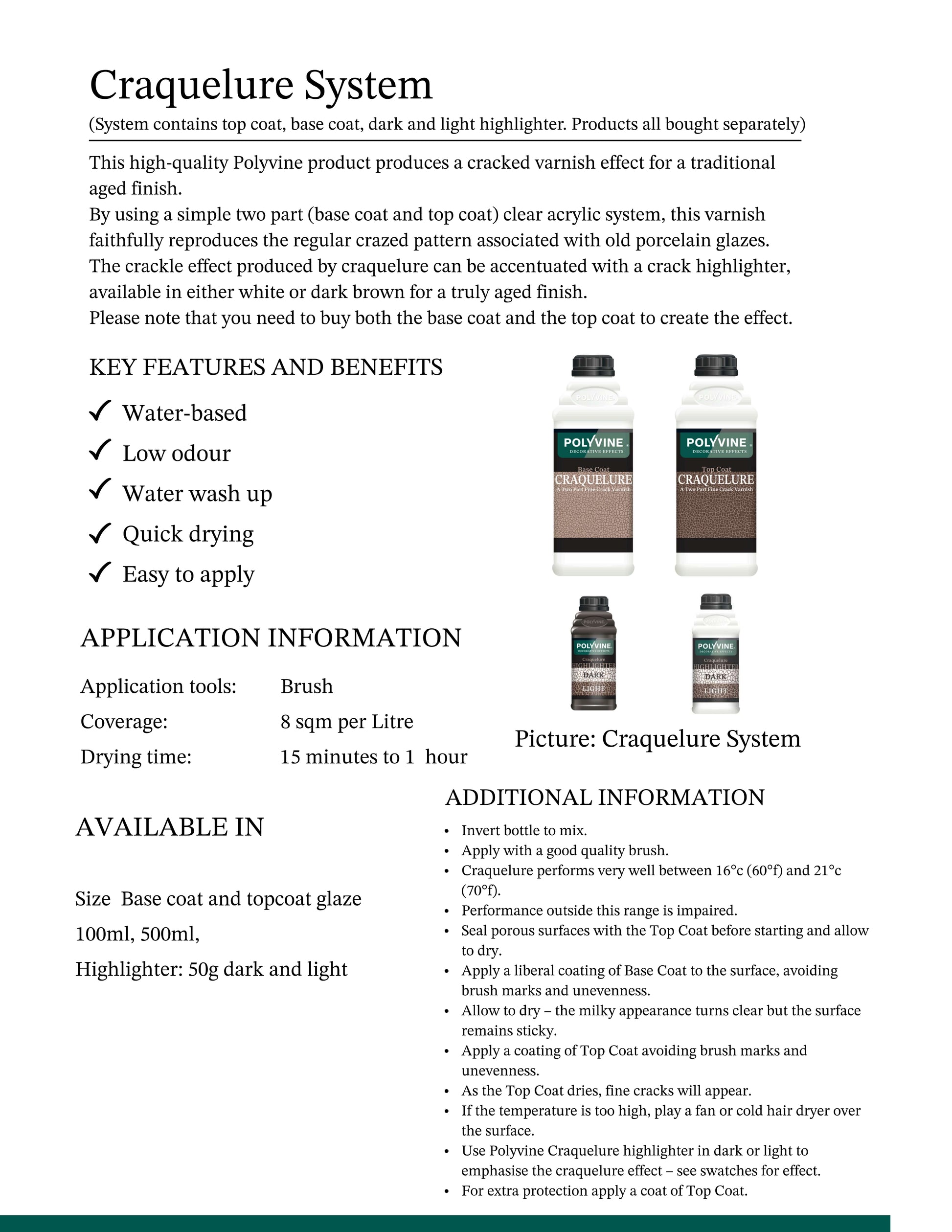 Product information sheet for Craquelure System with images of bottles and text details.