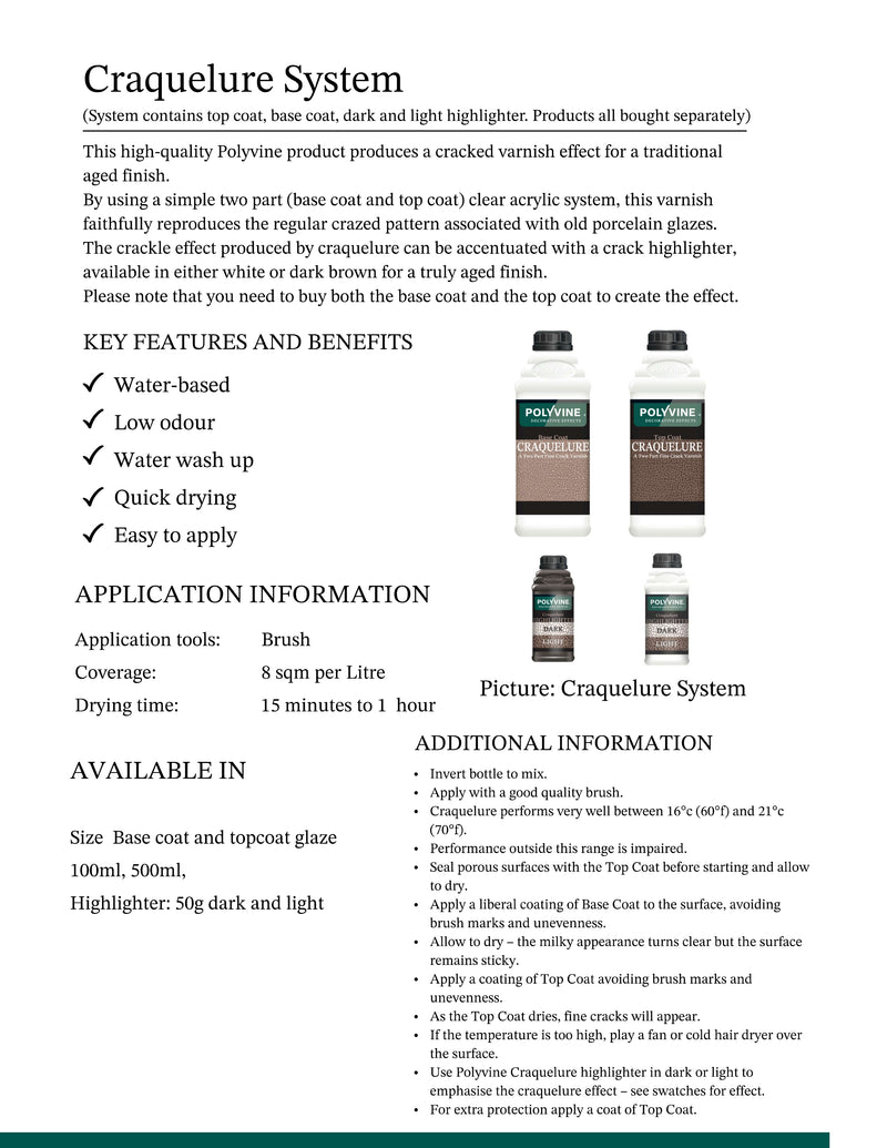 Product information sheet for Craquelure System with images of bottles and text details.