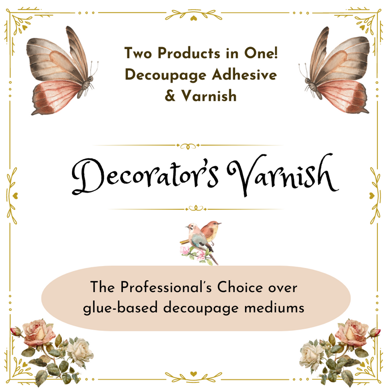 Sign featuring Polyvine Decorators varnish which duals as an adhesive and varnish. Orange and brown butterflies and floral patterns.